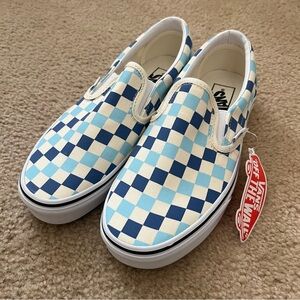 blue and white checkered slip on vans